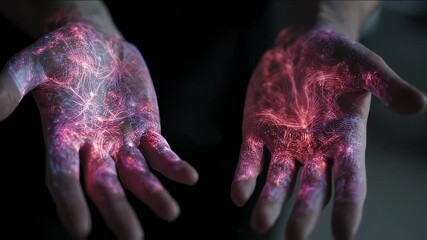 Poster - glowing circulatory system network illuminating translucent human hands, revealing intricate vascula