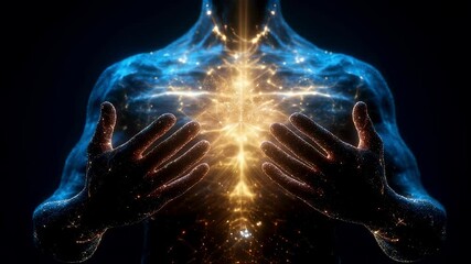 Poster - Particles forming a human torso and hands positioned over the chest area, suggesting a prayer or meditation pose, with a bright, glowing energy field emanating from the center of the chest