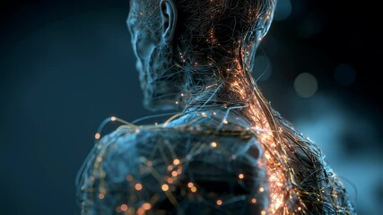 Poster - Intricate neural network glowing with electrical impulses, visualizing complex communication pathways within human nervous system's interconnected biological structure