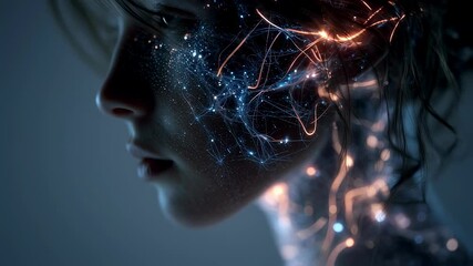 Aufkleber - Glowing neural connections illuminating young woman's face, visualizing complex genetic condition affecting brain communication and neurodevelopmental patterns in scientific medical rendering