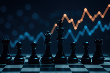 Poster - Strategic planning and leadership emerge as key factors in business growth symbolized by chess pieces and rising financial graphs