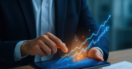 Poster - A business professional analyzing growth patterns using a digital tablet with glowing financial graphs showing upward trends and data insights