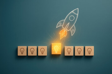 Poster - Innovation drives progress as a highlighted idea ignites growth symbolized by a rocket launch among wooden blocks