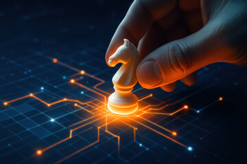 Poster - Strategic decision-making drives progress as a places a white knight on an illuminated digital circuit board symbolizing network innovation