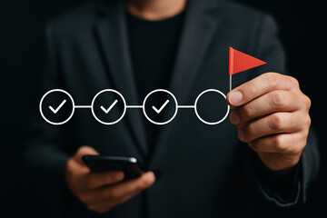 Poster - A businessperson holding a smartphone and placing a red flag marks a digital progress with completed checkpoints illustrating goal tracking and project milestones