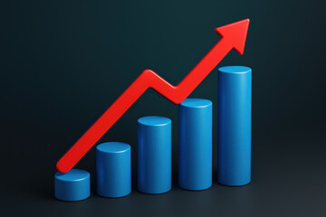 Poster - A rising trend symbolized by a smooth red arrow moving upward over blue cylindrical bars illustrates continuous business growth and progress