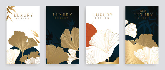 Aufkleber - Luxury ginkgo leaf hand drawn pattern cover design vector. Wallpaper with leaves design in gold line art. Illustration for social media post, internet, packaging, covers, and prints.