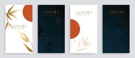 Aufkleber - Luxury bamboo leaf hand drawn pattern cover design vector. Wallpaper with leaves design in gold line art. Illustration for social media post, internet, packaging, covers, and prints.