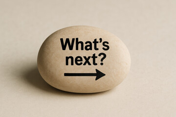 Poster - A smooth stone engraved with a forward-pointing arrow and the phrase asking what comes next highlights decision and progress in business
