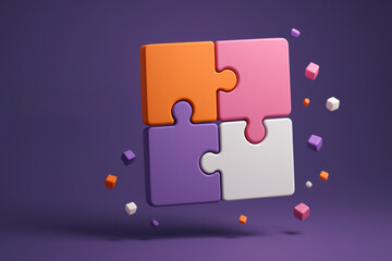 Poster - This conceptual represents collaboration and solution-driven strategy through interlocking colorful puzzle pieces floating in a dynamic space