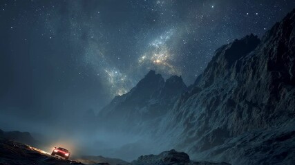 Poster - Red car slowly advances on a mountain road at night, illuminated by its headlights and the majestic milky way galaxy, creating a breathtaking and surreal atmosphere