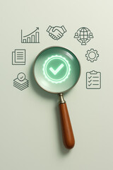 Poster - A magnifying glass with a polished wooden handle highlights a glowing circular seal with a green checkmark symbolizing quality assurance and verified success in business processes