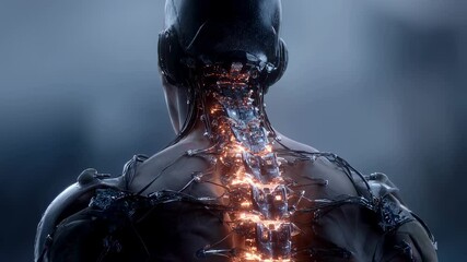 Poster - glowing mechanical vertebrae illuminating human spine, representing cutting edge medical technology 