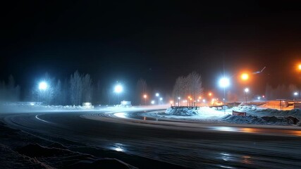 Poster - Illuminated racing kart track blanketed in snow under dark night sky, creating misty atmosphere with drifting snow and dramatic light trails revealing frozen winter landscape