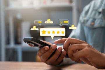 Canvas Print - Online customer satisfaction Survey service concept, client rate service from experience in application,Consumer give five-Stars and feedback review for quality, Business reputation ranking from buyer