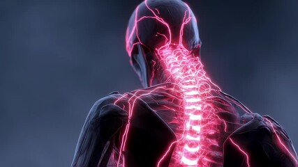 Poster - Medical visualization shows glowing spine and nervous system of human body, providing detailed anatomical representation for educational and scientific purposes