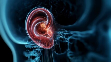 Poster - Medical animation showcasing tinnitus symptoms, highlighting the ear canal and auditory cortex with pulsating red areas, symbolizing the perceived ringing or buzzing sound