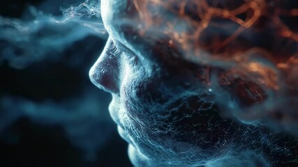 Aufkleber - Abstract visualization of human consciousness, emotions, and perception represented by a face with glowing neural network and flowing smoke