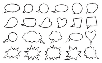 Poster - Brush hand drawn speech bubbles set. Rough grungy textured uneven messy outline stroke edge. Talking, speaking, screaming, laughing, thinking, dreaming cloud linear grunge shapes collection.