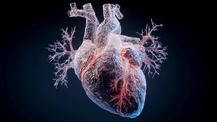 Poster - medical visualization of a semi transparent human heart slowly rotating, revealing its complex netwo