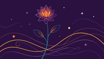 Poster - Abstract line art flower field with sparkles and light in a dark purple background design