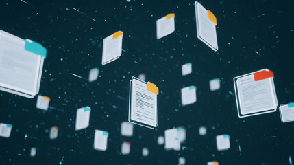 Poster - Digital Documents in the Cloud: Floating documents, rendered in a high-tech style, create an abstract depiction of data and files floating in a digital cloud.