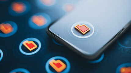Fototapete - Mobile Data Management: A close-up shot of a smartphone, showcasing the organization of digital data. Files are represented by folder icons. It's a scene that highlights data management.