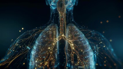 Poster - medical animation shows glowing particles flowing through intricate network of bronchi and alveoli, 