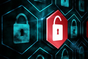 Poster - Cybersecurity flat UI is showing hex grid with locked padlocks highlighting red unlocked hex cell