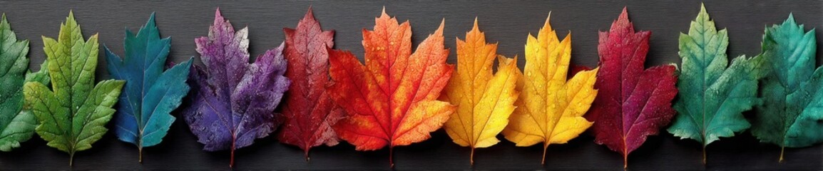 Wall Mural - Multicolored maple leaves with water droplets arranged in a rainbow spectrum on a dark wooden background Generative AI