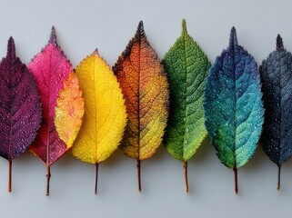 Wall Mural - Colorful autumn leaves arranged in rainbow order with water droplets on a light background Generative AI
