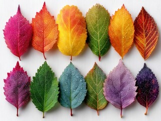 Wall Mural - Colorful autumn leaves arranged in rainbow order with water droplets on a light background Generative AI