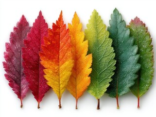 Wall Mural - Colorful autumn leaves arranged in rainbow order with water droplets on a light background Generative AI