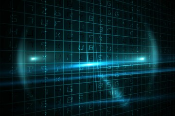 Poster - Glowing flat design digital matrix grid featuring alphanumeric symbols streaming blue light streaks