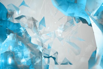 Poster - Translucent blue polygon shards floating in grey 3D render space, forming lines with glowing nodes