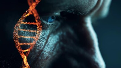 Poster - Orange glowing dna double helix is projected on the face of a man with a beard and blue eye, suggesting medical diagnostics, genetic research, or gene editing