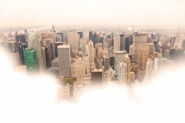Poster - Flat design panorama is showing urban skyline with skyscrapers, antenna towers, rooftop structures