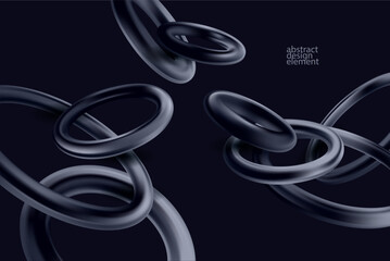 Fototapete -  Abstract background of 3D chrome rings.  Monochrome dark geometric shape.