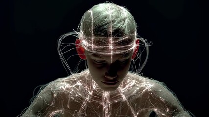 Poster - medical visualization of a young patient with glowing nerves and skeleton under pressure, potentiall
