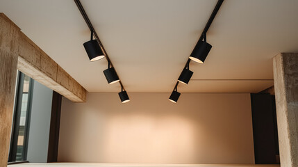 Poster - Modern ceiling with black track lighting, minimal interior, concrete columns, natural light, warm ambiance