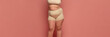 © Lustre Art Group  - A woman in neutral underwear embraces her body against a pink backdrop. Concept of self-love, diversity, and body positivity in modern society. Flyer, banner