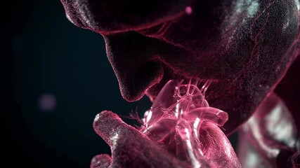 Poster - medical visualization shows dark figure holding glowing pink anatomical heart close to face, suggest
