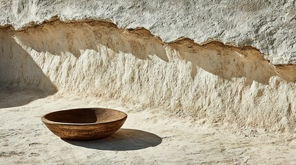 Poster - Wooden bowl resting on a light beige surface.