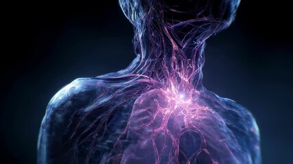 Poster - Neural and respiratory pathways glowing with vibrant pink light, illuminating intricate anatomical connections within human biological systems against dark background