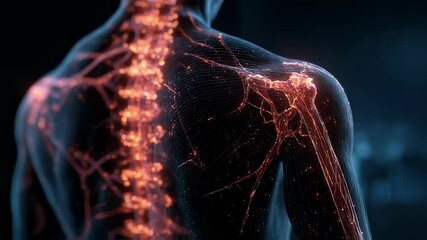 Poster - complex network of glowing lines and particles forming shoulder and spine anatomy, suggesting medica