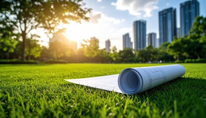 Architectural blueprint resting on lush green grass with city skyline in the background at sunset