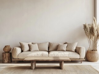 Aufkleber - Modern neutral living room with beige wall mockup, soft fabric sofa, rustic wooden coffee table, pampas grass and wicker accents, ideal for interior design mockups and stylish decor scenes