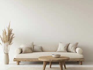 Aufkleber - Modern minimalist living room with beige wall mockup, rustic wooden furniture, neutral cushions and pampas grass decor, perfect for interior design presentations or home styling concepts