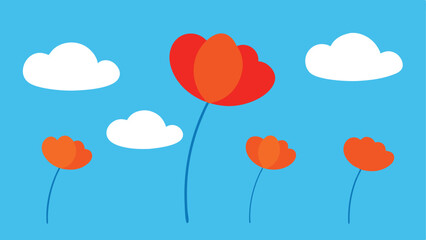 Poster - Colorful simple floral arrangement with white clouds against a bright sky for designs