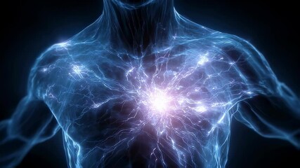 Poster - blue luminous energy emanating from human chest region, revealing internal vitality and potential di